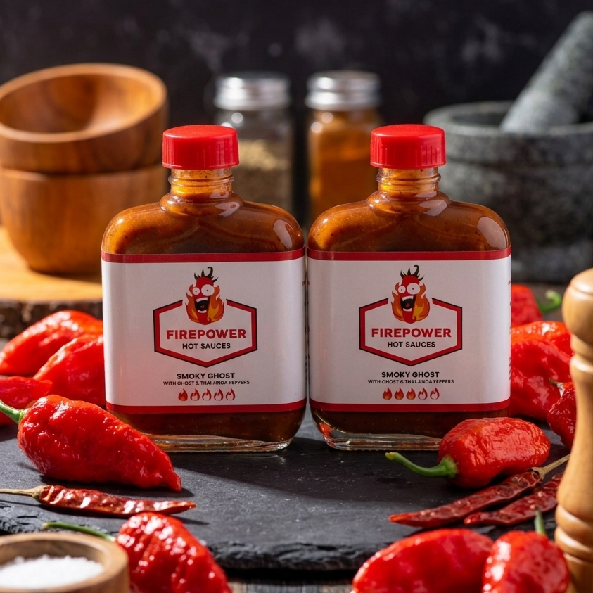 Two 85ml bottles of Firepower Smoky Ghost hot sauce, Levels 1 and 3 — a small-batch ghost pepper bundle made in Bangkok.