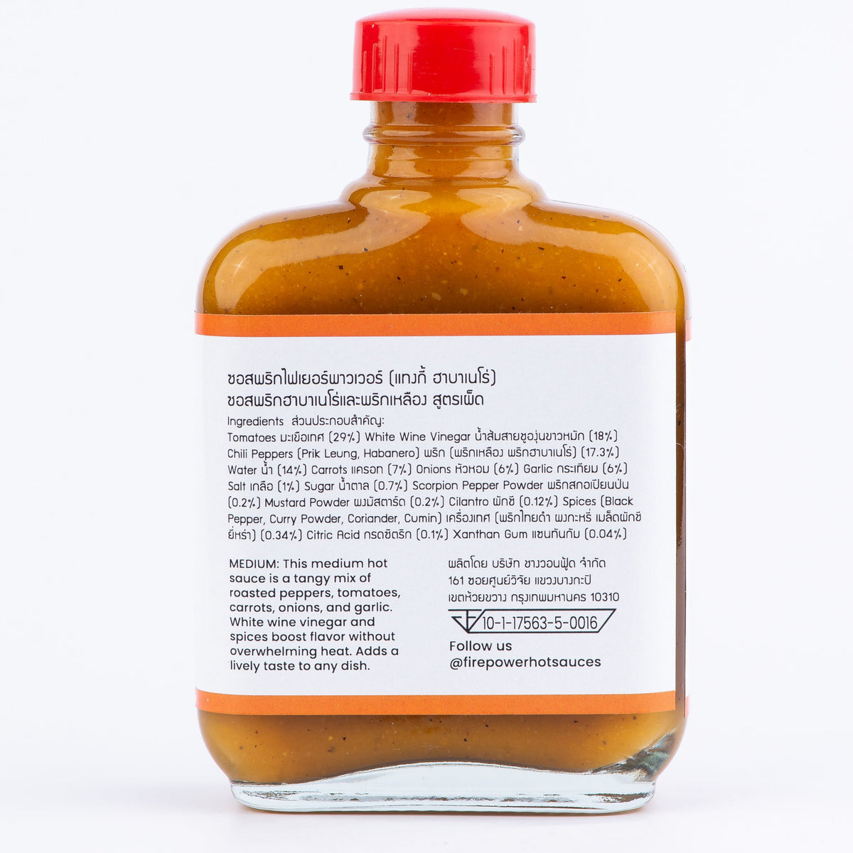 Back of an 85ml bottle of Firepower Tangy Habanero hot sauce — a tangy, roasted habanero sauce made in Bangkok.