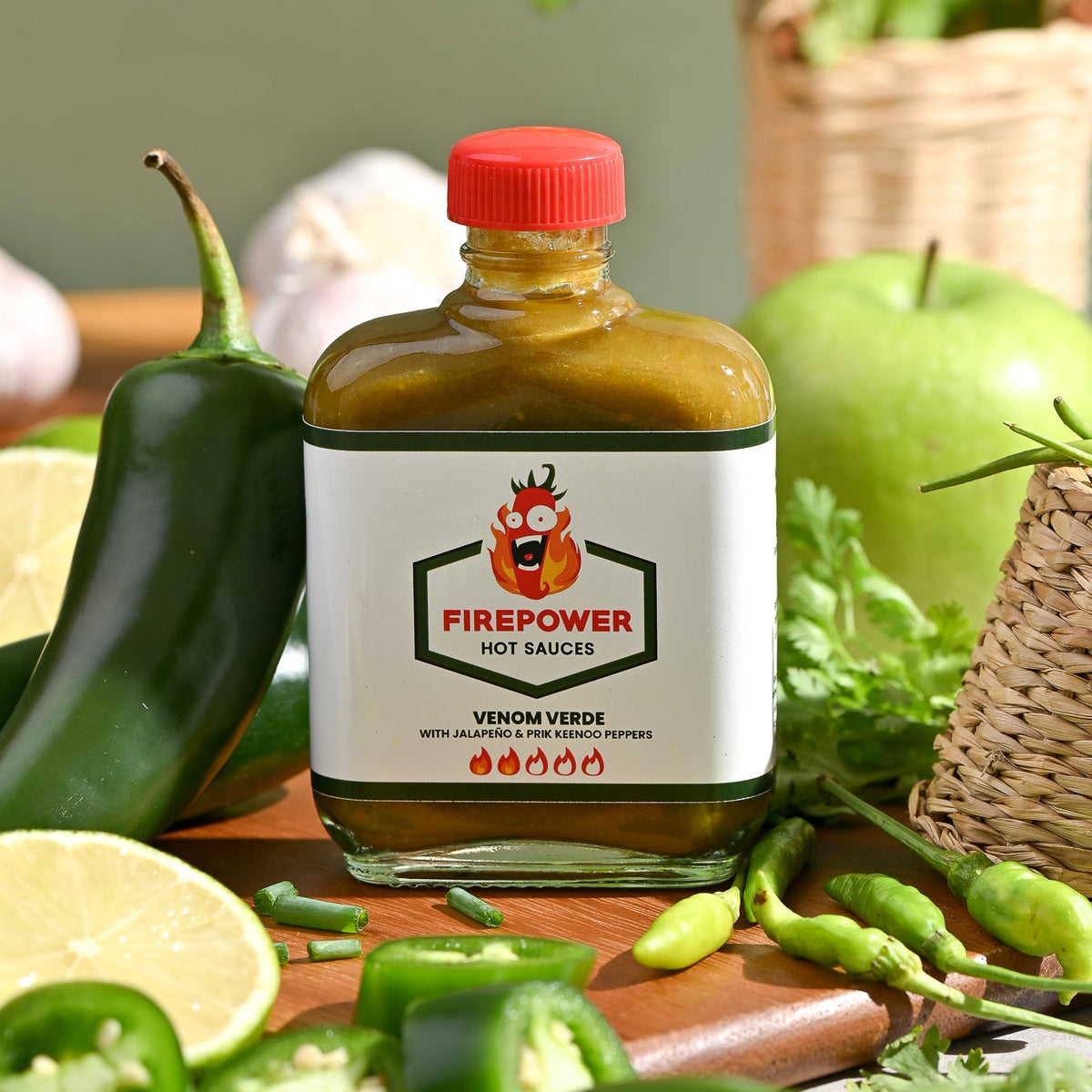 An 85ml bottle of Firepower Venom Verde hot sauce — a green salsa-verde-style jalapeño sauce made in Bangkok.