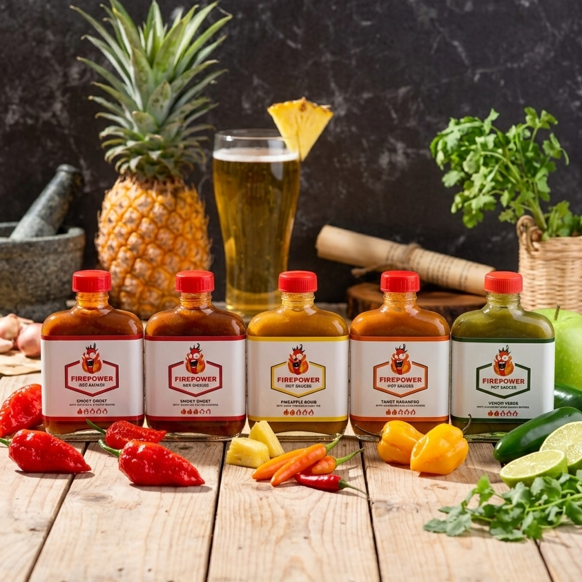 Five 85ml bottles of Firepower craft hot sauce — Smoky Ghost Levels 1 and 3, Tangy Habanero, Venom Verde and Pineapple Bomb — a hot sauce gift set made in Bangkok.